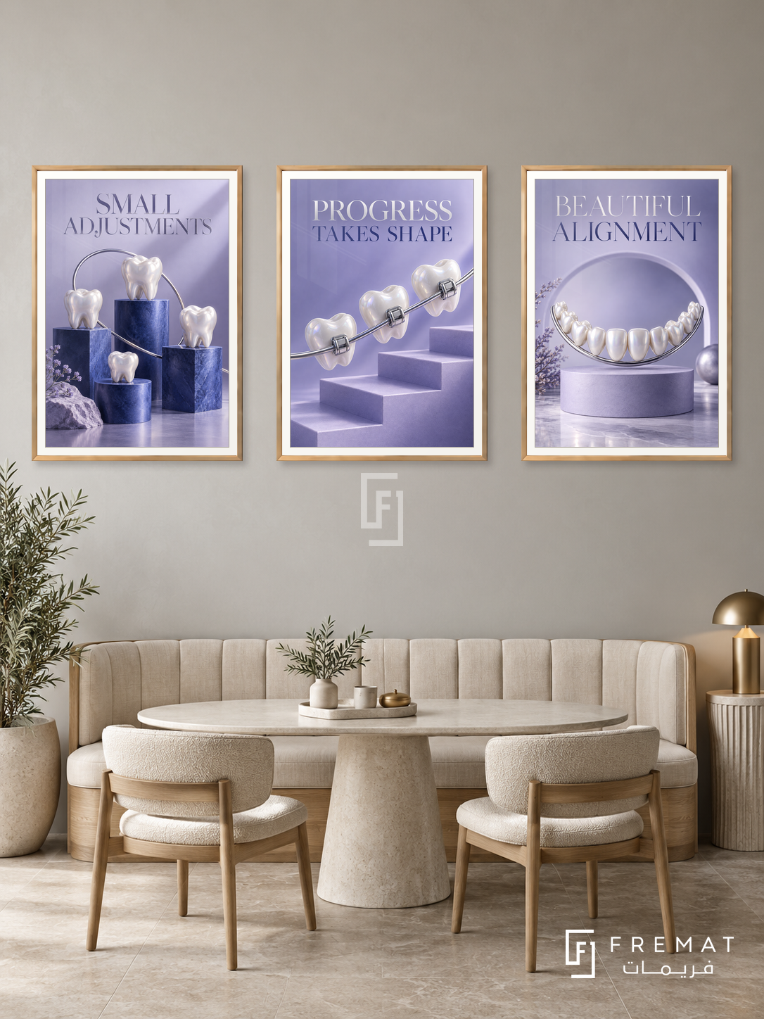 Orthodontics — set of three complementary commercial artworks in Gold frames, shown at 50×70 cm each.