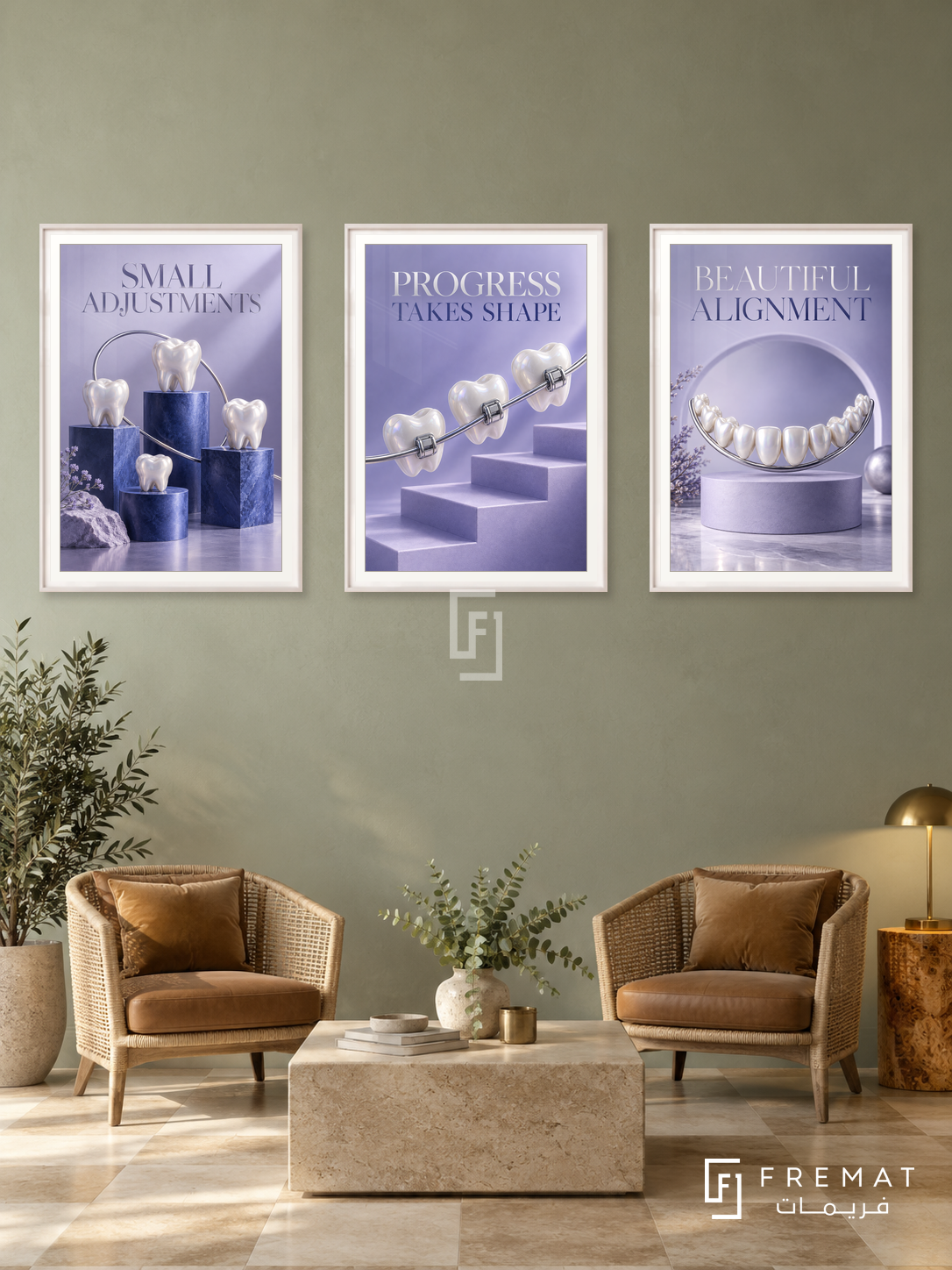 Orthodontics — set of three complementary commercial artworks in White frames, shown at 50×70 cm each.