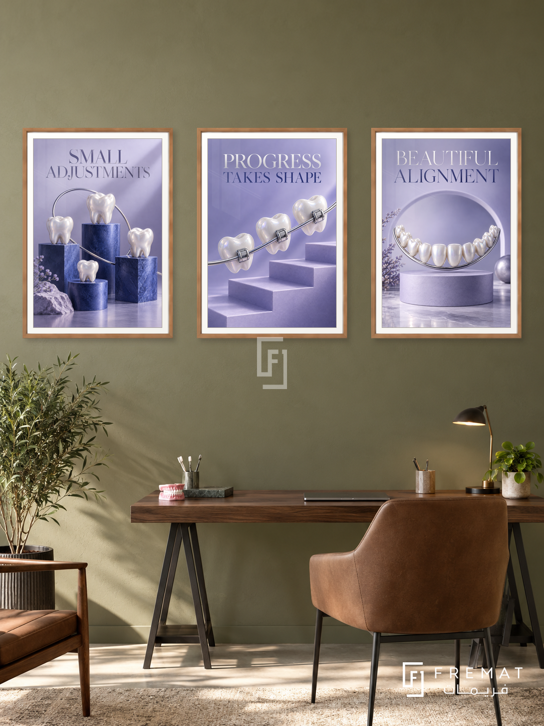 Orthodontics — set of three complementary commercial artworks in Wooden Texture frames, shown at 50×70 cm each.