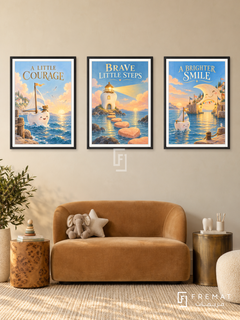 Pediatric Dentistry — set of three complementary commercial artworks in Black frames, shown at 50×70 cm each.