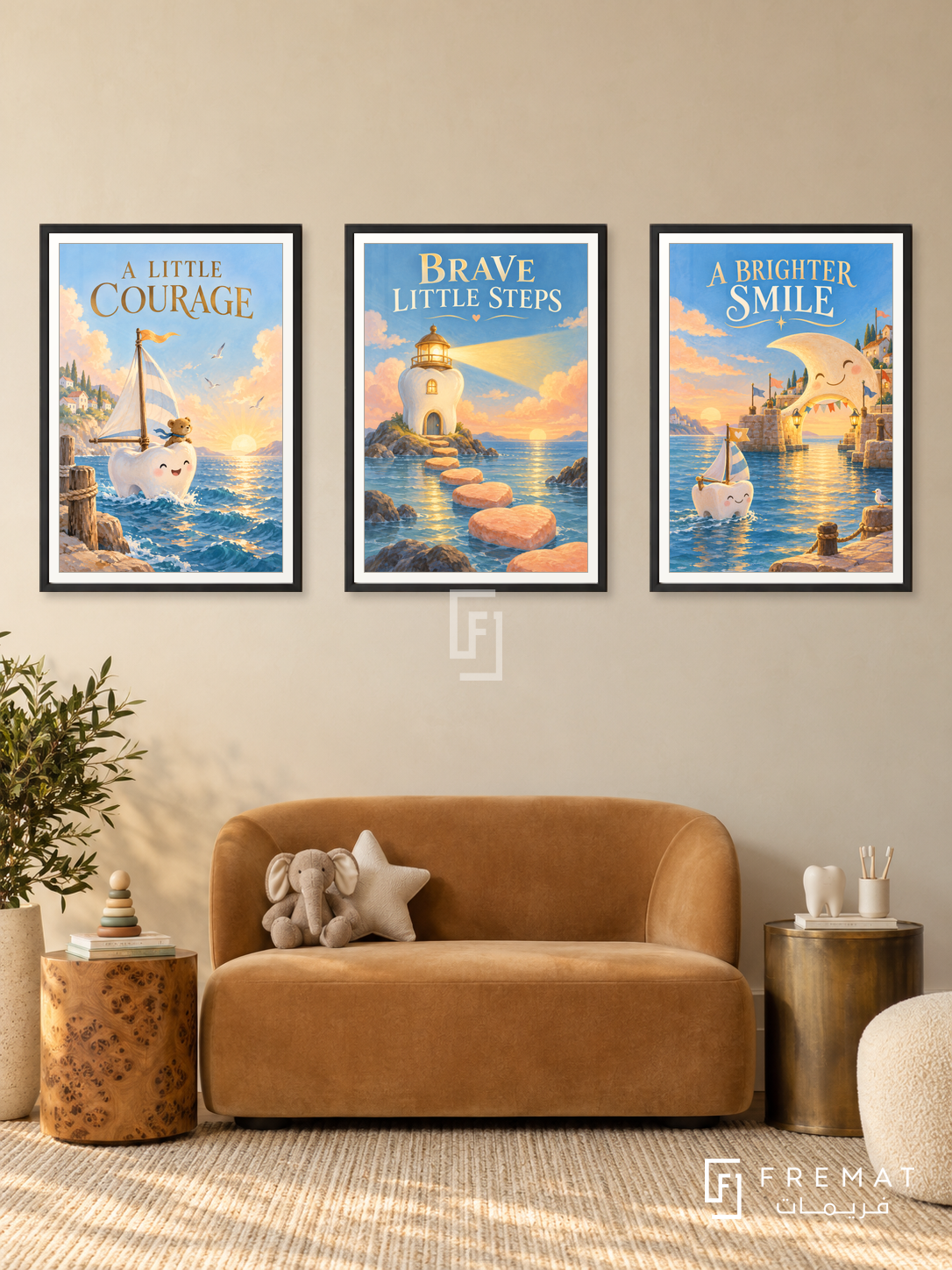 Pediatric Dentistry — set of three complementary commercial artworks in Black frames, shown at 50×70 cm each.