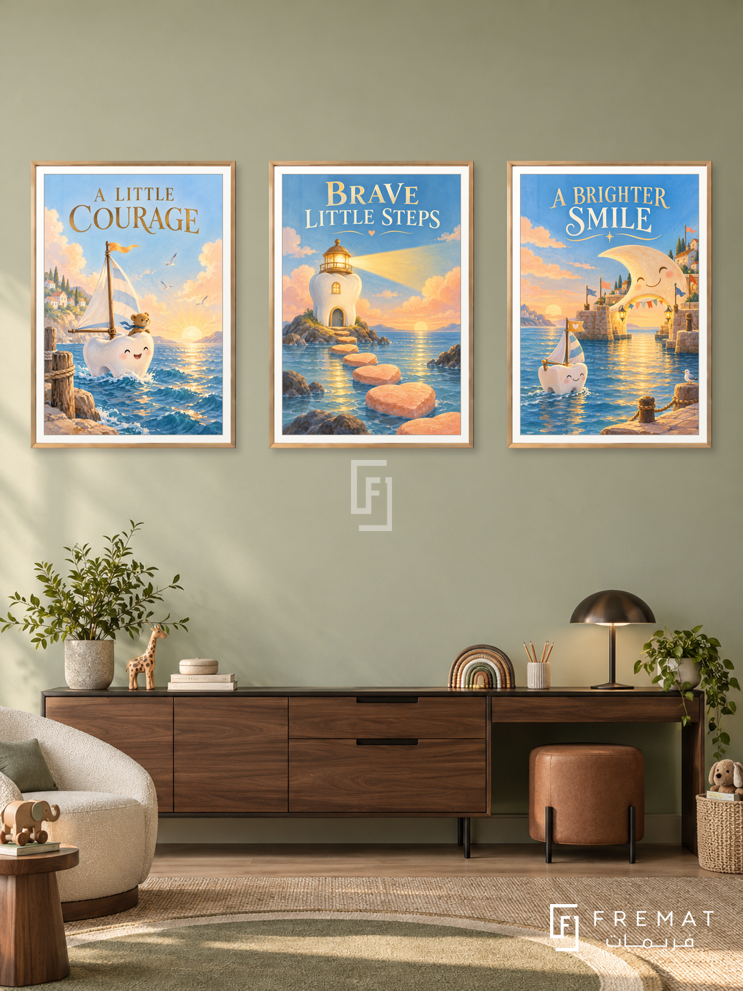 Pediatric Dentistry — set of three complementary commercial artworks in Gold frames, shown at 50×70 cm each.
