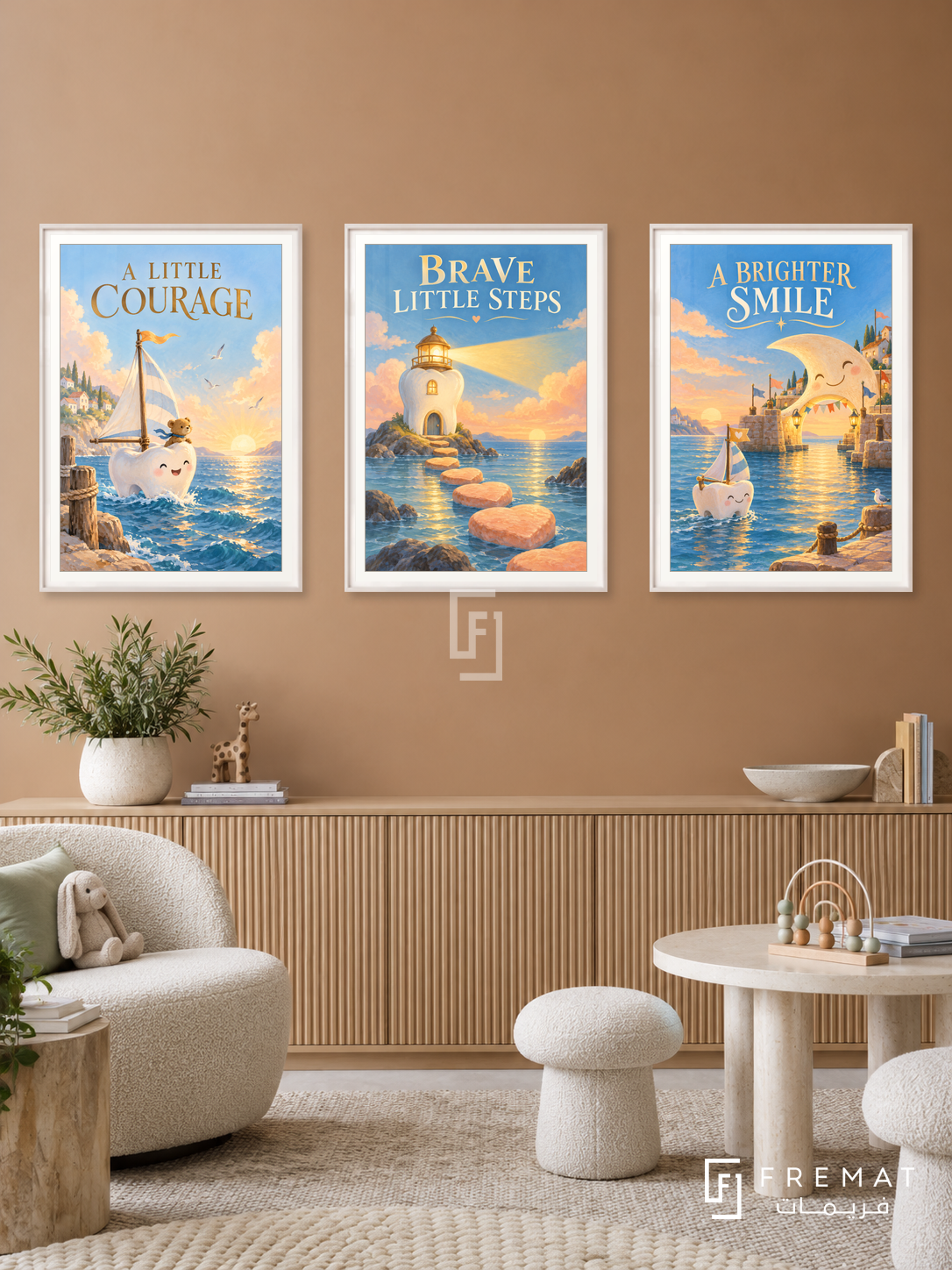 Pediatric Dentistry — set of three complementary commercial artworks in White frames, shown at 50×70 cm each.