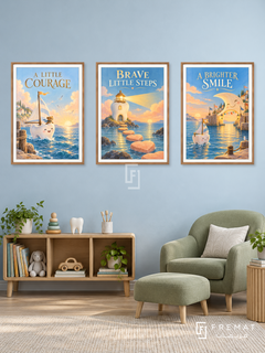 Pediatric Dentistry — set of three complementary commercial artworks in Wooden Texture frames, shown at 50×70 cm each.