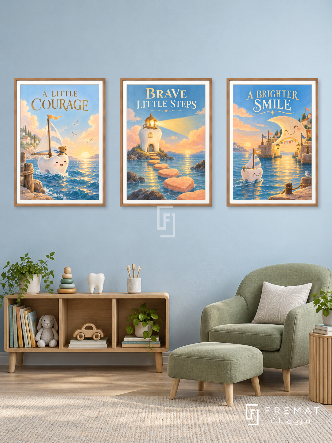 Pediatric Dentistry — set of three complementary commercial artworks in Wooden Texture frames, shown at 50×70 cm each.