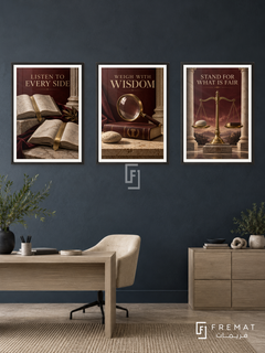Law — set of three complementary commercial artworks in Black frames, shown at 50×70 cm each.