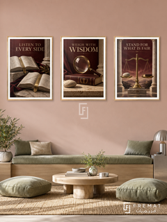 Law — set of three complementary commercial artworks in Gold frames, shown at 50×70 cm each.