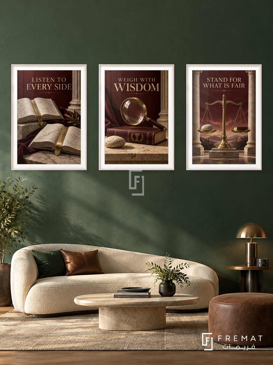 Law — set of three complementary commercial artworks in White frames, shown at 50×70 cm each.