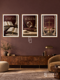 Law — set of three complementary commercial artworks in Wooden Texture frames, shown at 50×70 cm each.