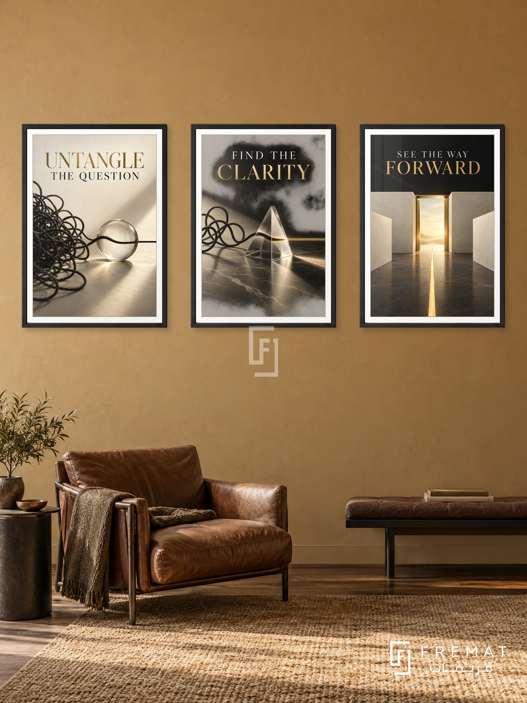 Legal Counsel — set of three complementary commercial artworks in Black frames, shown at 50×70 cm each.