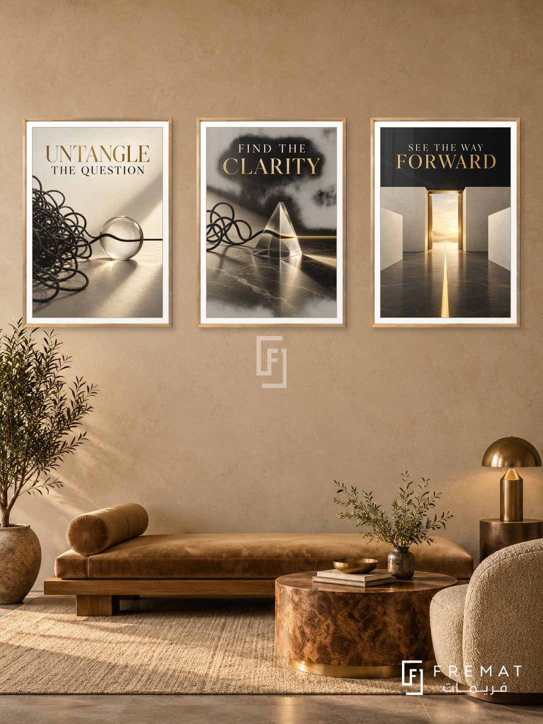 Legal Counsel — set of three complementary commercial artworks in Gold frames, shown at 50×70 cm each.