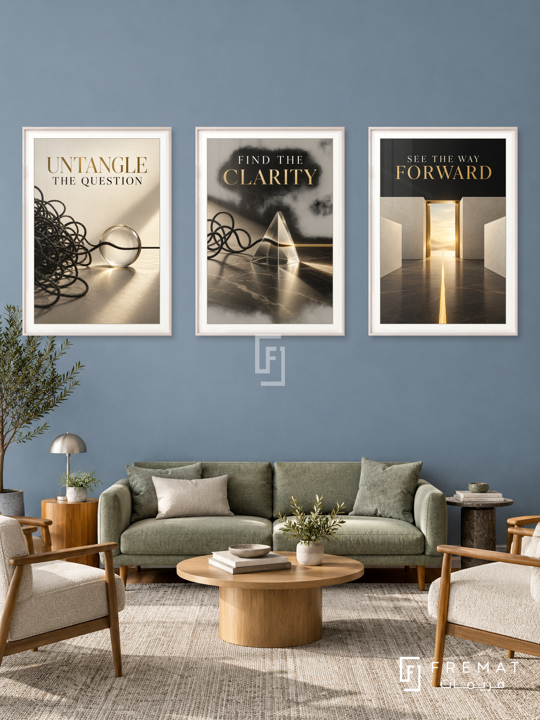 Legal Counsel — set of three complementary commercial artworks in White frames, shown at 50×70 cm each.