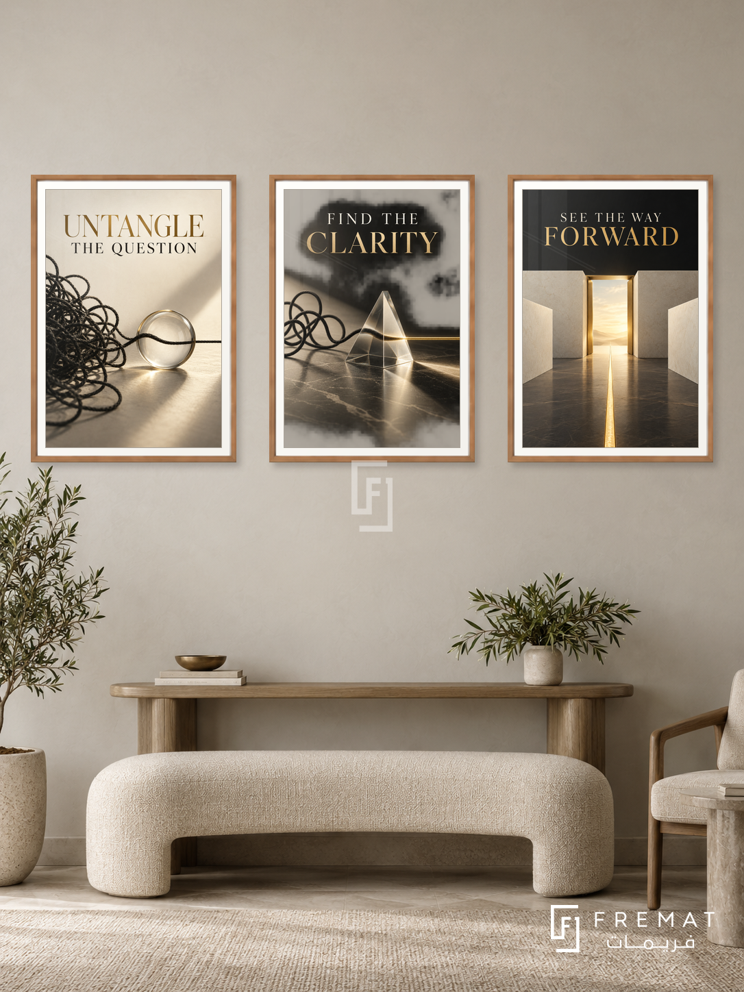 Legal Counsel — set of three complementary commercial artworks in Wooden Texture frames, shown at 50×70 cm each.