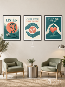 Medicine — set of three complementary commercial artworks in Black frames, shown at 50×70 cm each.