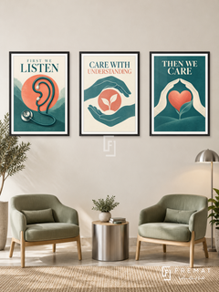 Medicine — set of three complementary commercial artworks in Black frames, shown at 50×70 cm each.