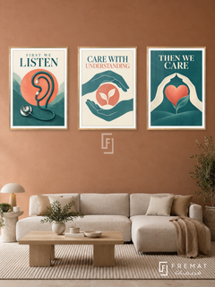 Medicine — set of three complementary commercial artworks in Gold frames, shown at 50×70 cm each.