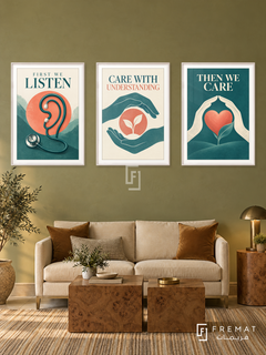 Medicine — set of three complementary commercial artworks in White frames, shown at 50×70 cm each.