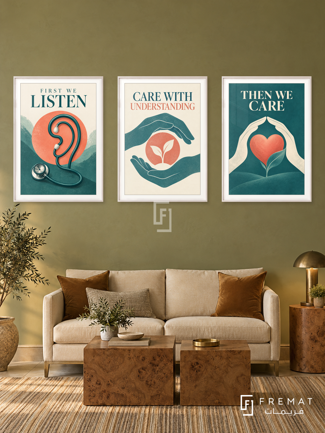 Medicine — set of three complementary commercial artworks in White frames, shown at 50×70 cm each.