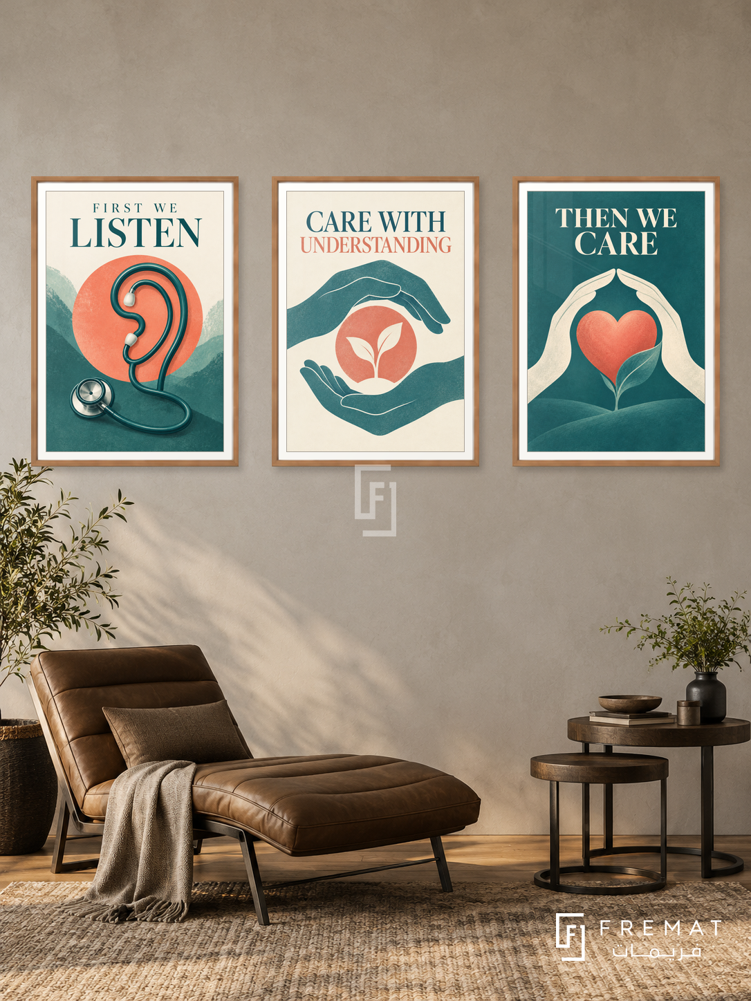 Medicine — set of three complementary commercial artworks in Wooden Texture frames, shown at 50×70 cm each.