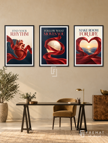 Cardiology — set of three complementary commercial artworks in Black frames, shown at 50×70 cm each.
