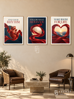 Cardiology — set of three complementary commercial artworks in Gold frames, shown at 50×70 cm each.