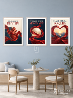 Cardiology — set of three complementary commercial artworks in White frames, shown at 50×70 cm each.