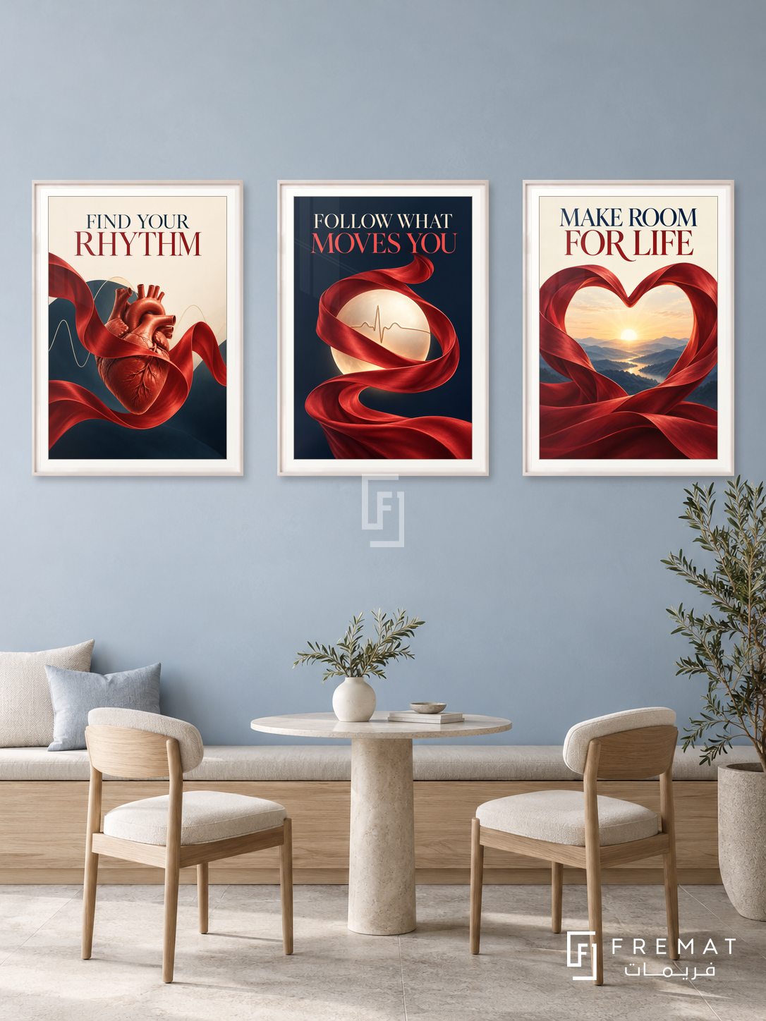 Cardiology — set of three complementary commercial artworks in White frames, shown at 50×70 cm each.