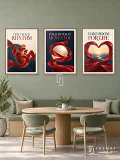 Cardiology — set of three complementary commercial artworks in Wooden Texture frames, shown at 50×70 cm each.