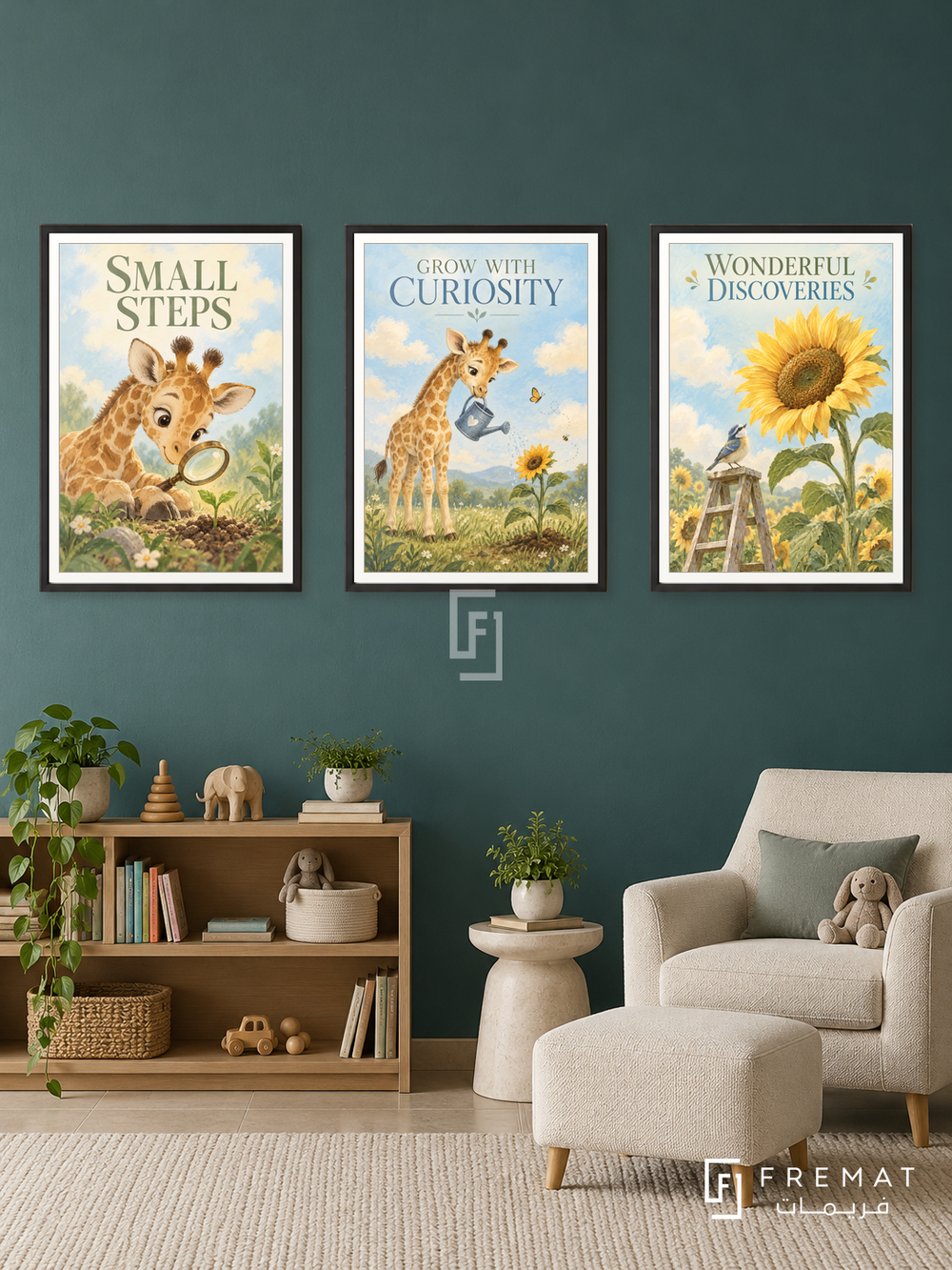 Pediatrics — set of three complementary commercial artworks in Black frames, shown at 50×70 cm each.