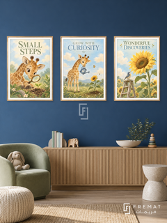 Pediatrics — set of three complementary commercial artworks in Gold frames, shown at 50×70 cm each.