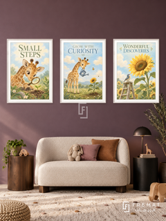 Pediatrics — set of three complementary commercial artworks in White frames, shown at 50×70 cm each.