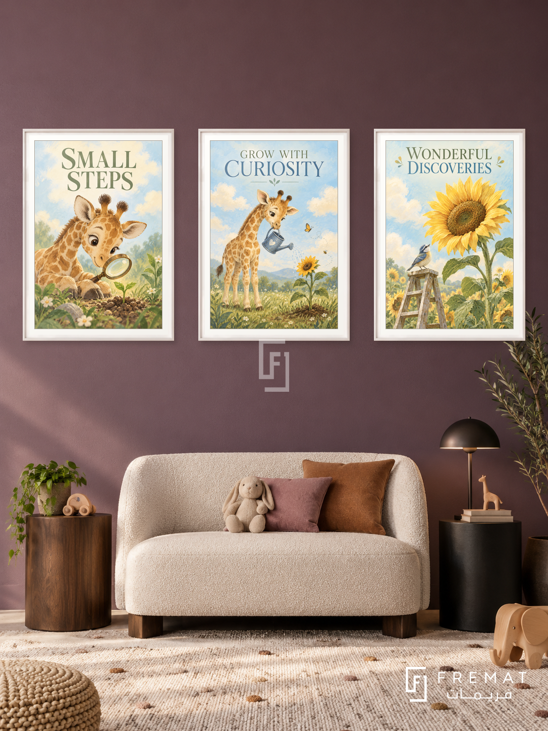 Pediatrics — set of three complementary commercial artworks in White frames, shown at 50×70 cm each.