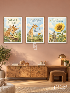 Pediatrics — set of three complementary commercial artworks in Wooden Texture frames, shown at 50×70 cm each.