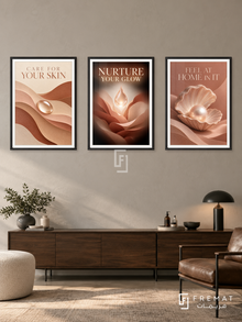 Dermatology — set of three complementary commercial artworks in Black frames, shown at 50×70 cm each.