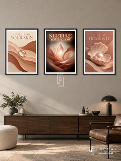 Dermatology — set of three complementary commercial artworks in Black frames, shown at 50×70 cm each.