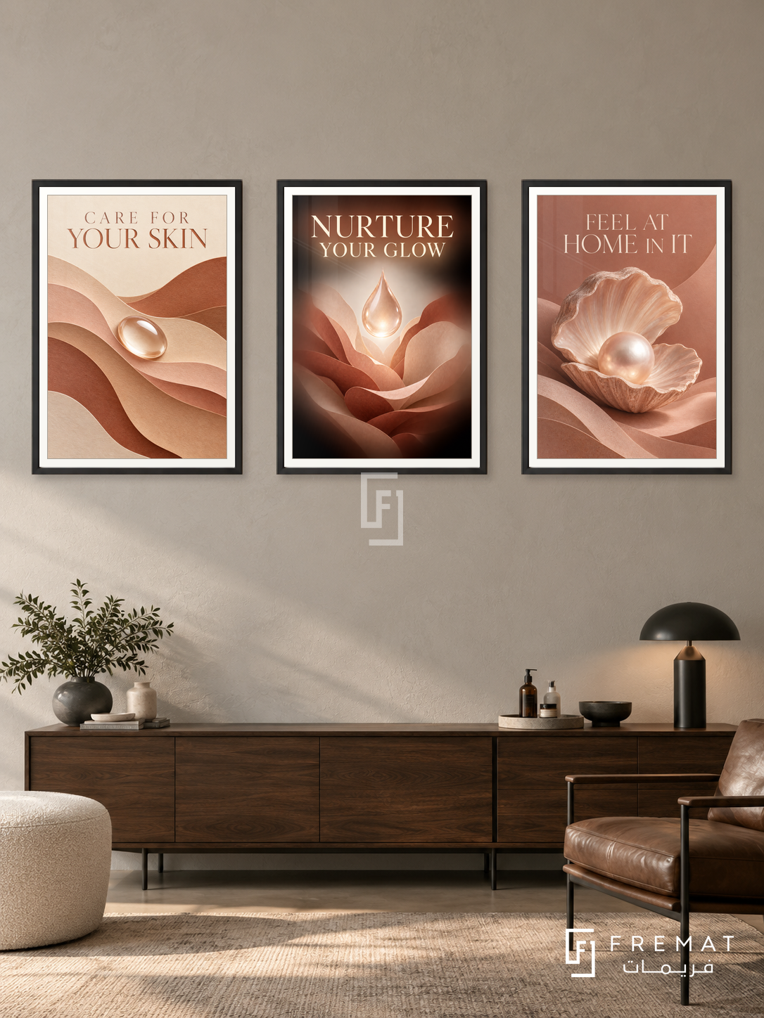 Dermatology — set of three complementary commercial artworks in Black frames, shown at 50×70 cm each.