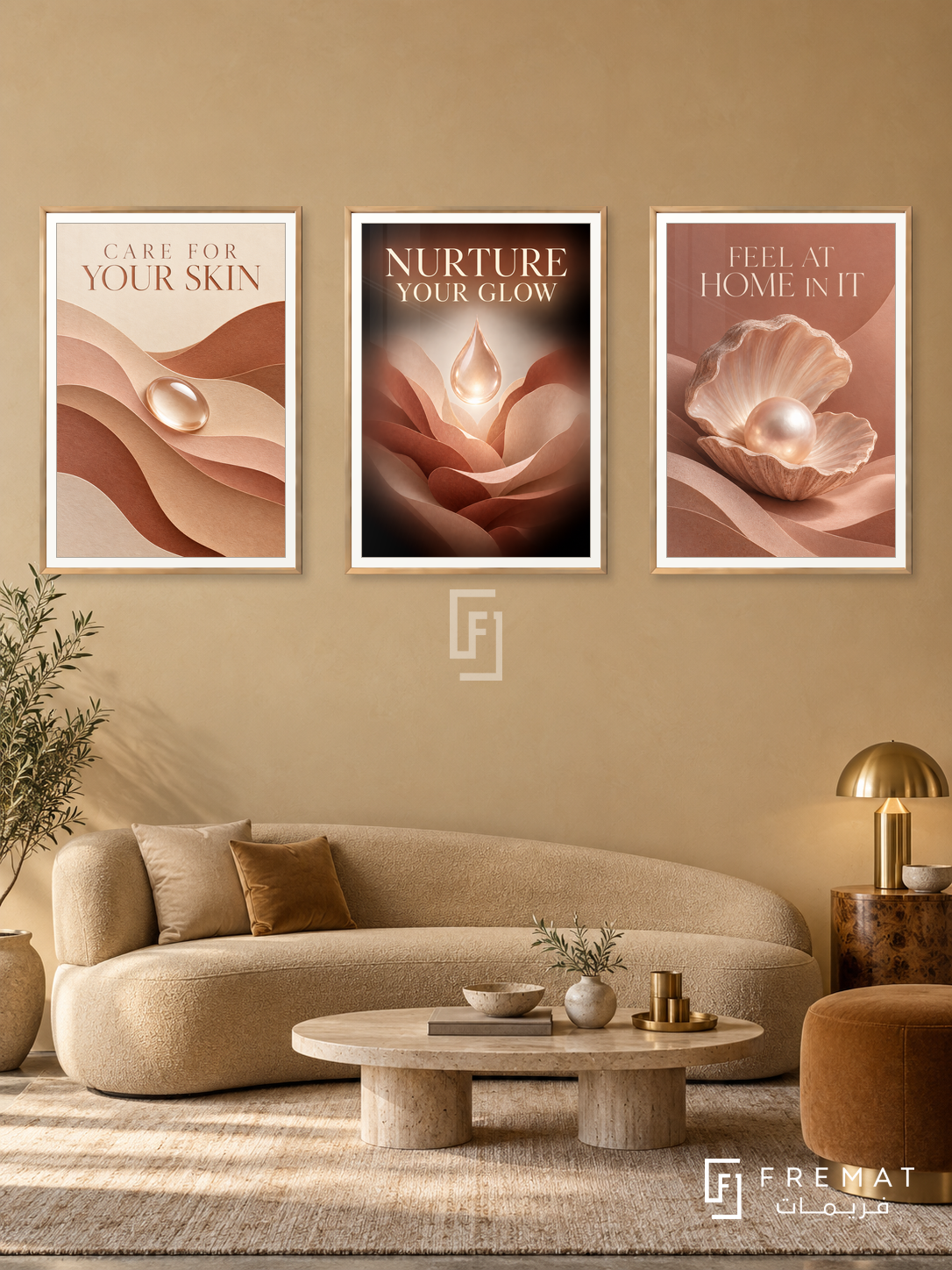 Dermatology — set of three complementary commercial artworks in Gold frames, shown at 50×70 cm each.