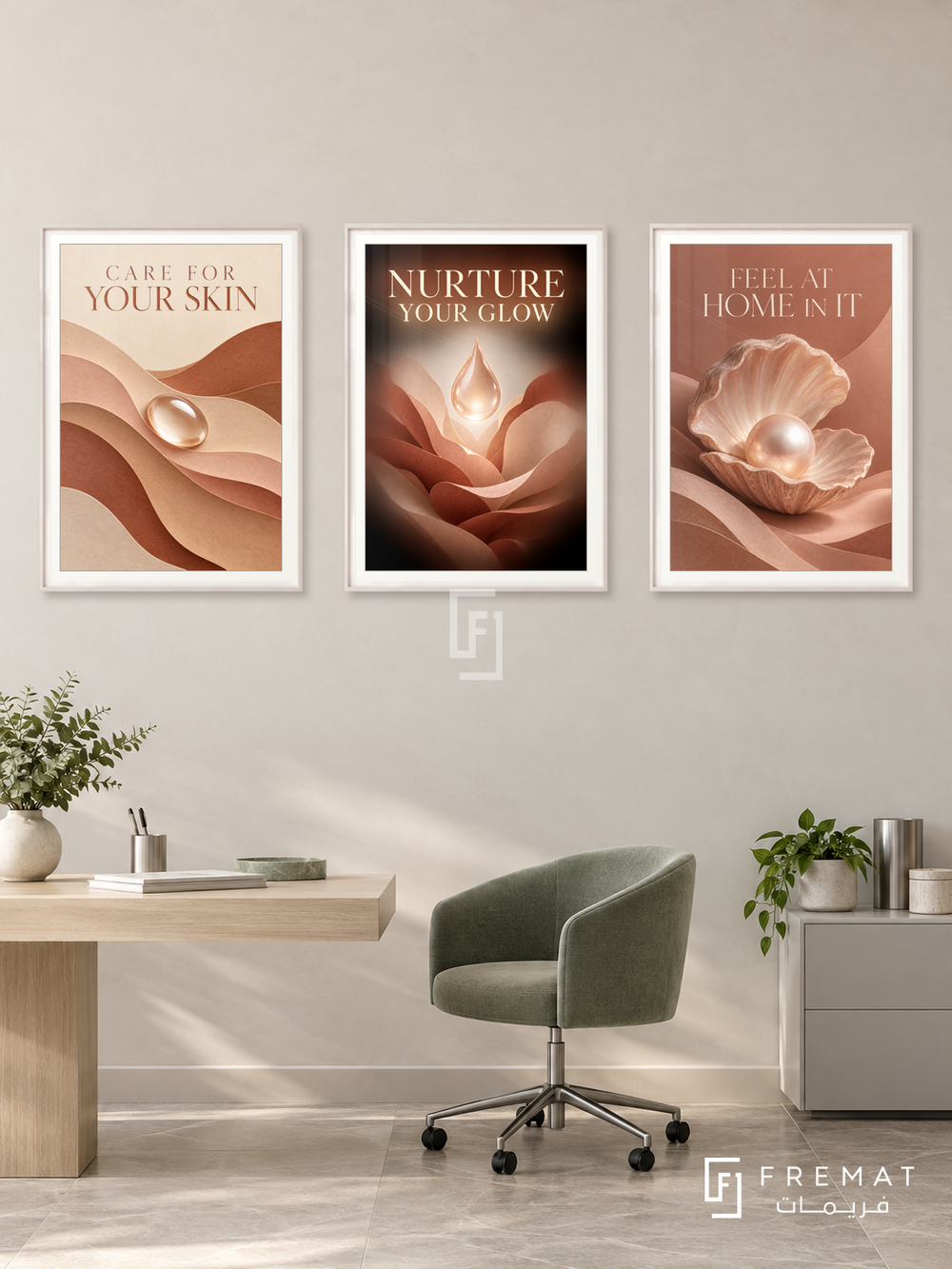 Dermatology — set of three complementary commercial artworks in White frames, shown at 50×70 cm each.