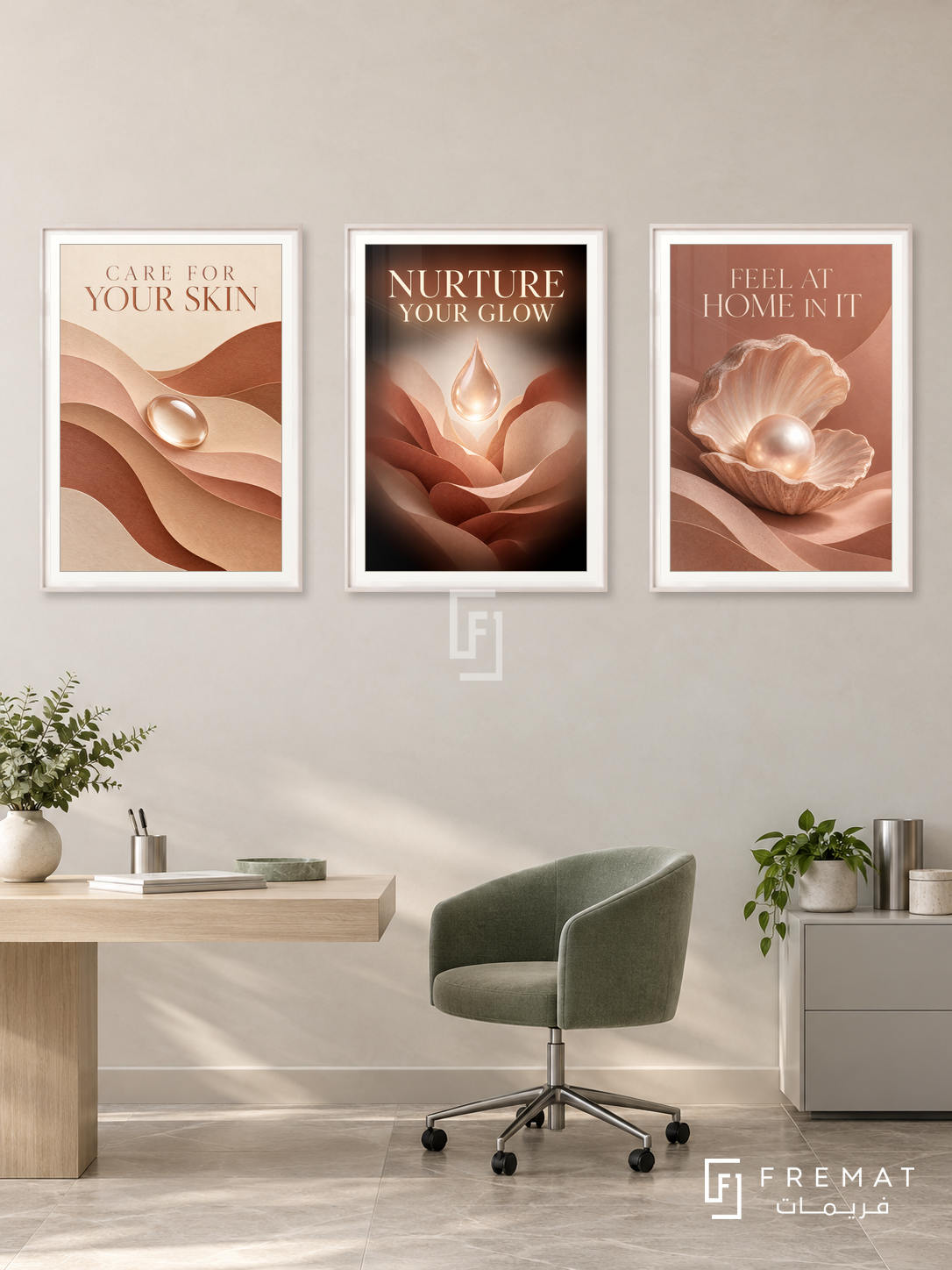 Dermatology — set of three complementary commercial artworks in White frames, shown at 50×70 cm each.