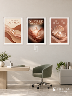 Dermatology — set of three complementary commercial artworks in White frames, shown at 50×70 cm each.