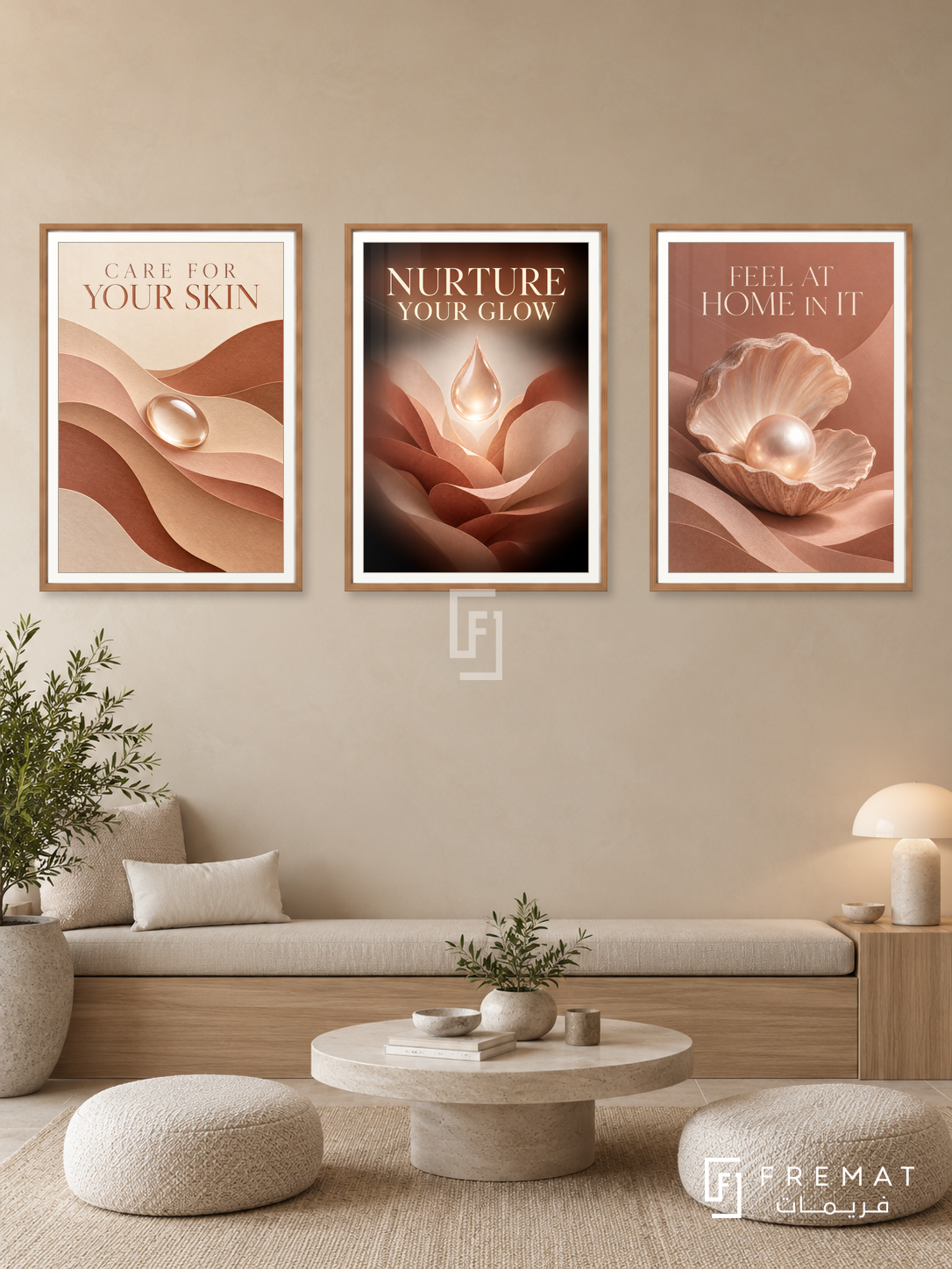 Dermatology — set of three complementary commercial artworks in Wooden Texture frames, shown at 50×70 cm each.
