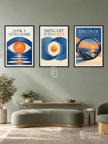Eye Clinic — set of three complementary commercial artworks in Black frames, shown at 50×70 cm each.