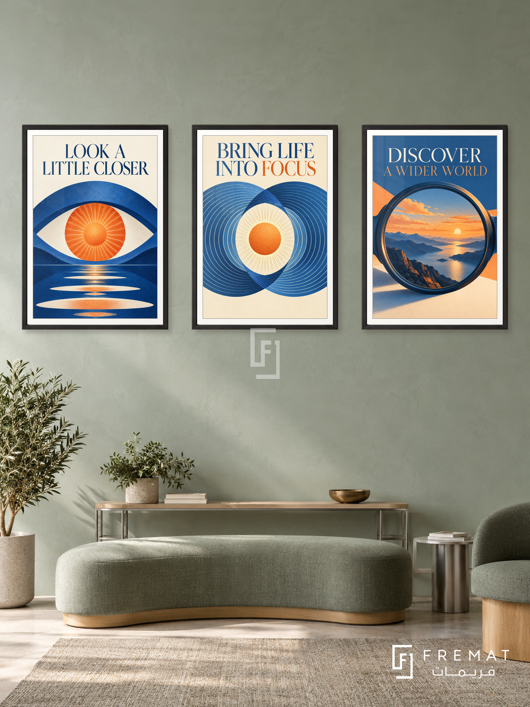 Eye Clinic — set of three complementary commercial artworks in Black frames, shown at 50×70 cm each.
