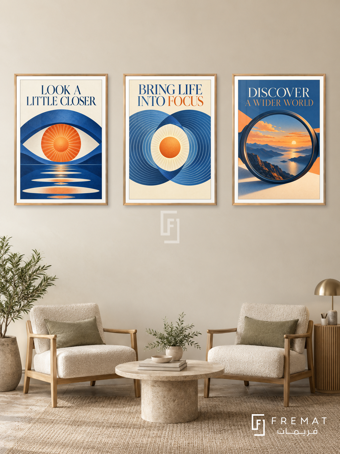 Eye Clinic — set of three complementary commercial artworks in Gold frames, shown at 50×70 cm each.