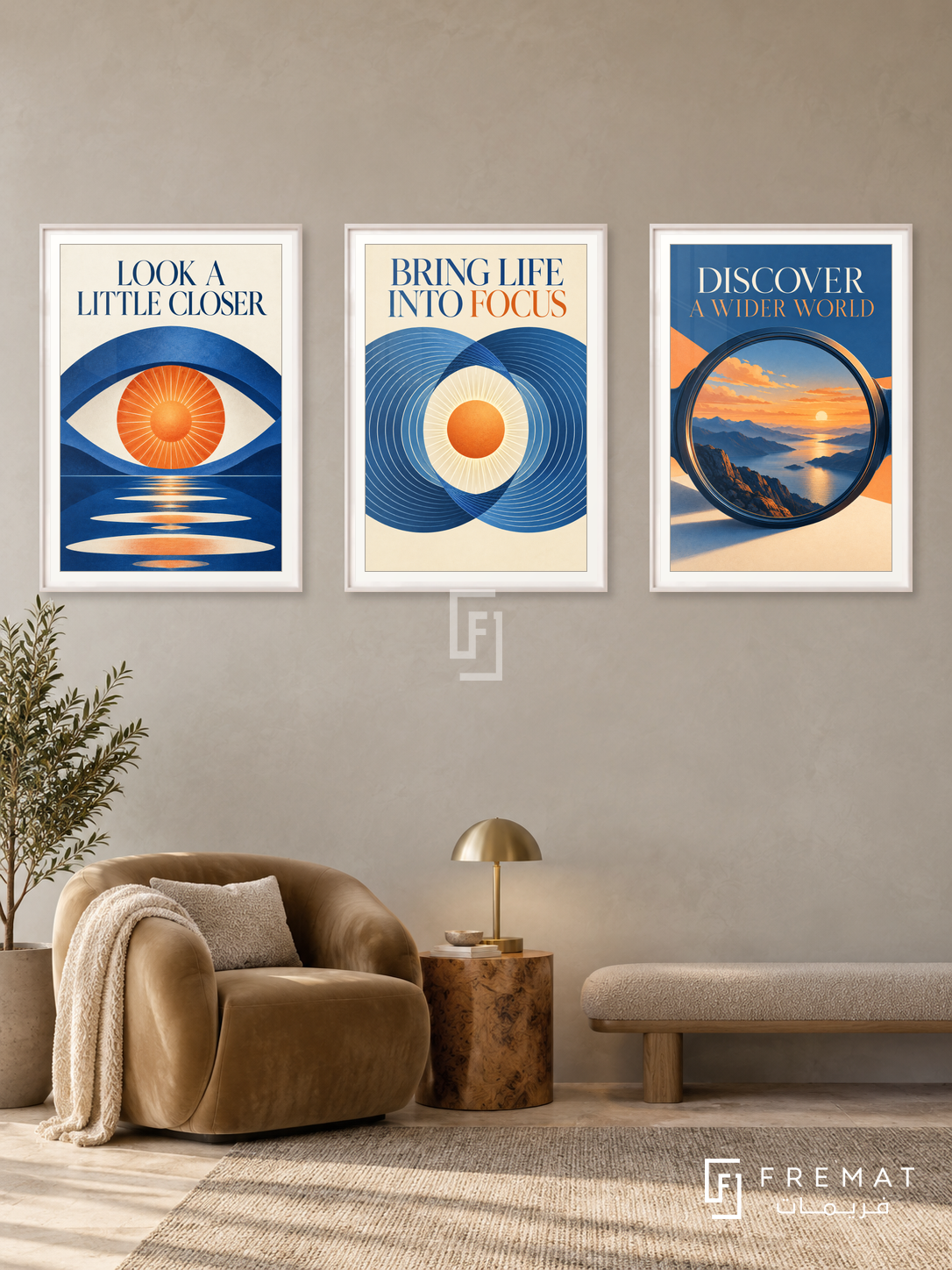 Eye Clinic — set of three complementary commercial artworks in White frames, shown at 50×70 cm each.