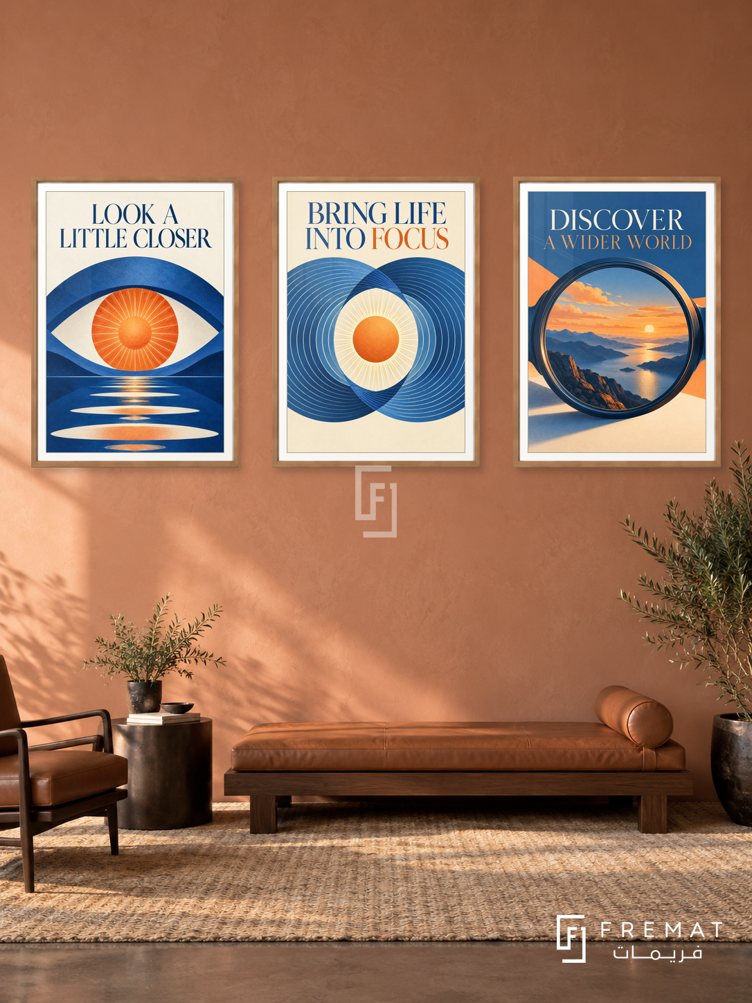 Eye Clinic — set of three complementary commercial artworks in Wooden Texture frames, shown at 50×70 cm each.
