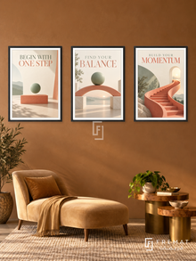 Physiotherapy — set of three complementary commercial artworks in Black frames, shown at 50×70 cm each.