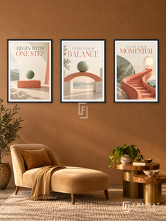 Physiotherapy — set of three complementary commercial artworks in Black frames, shown at 50×70 cm each.