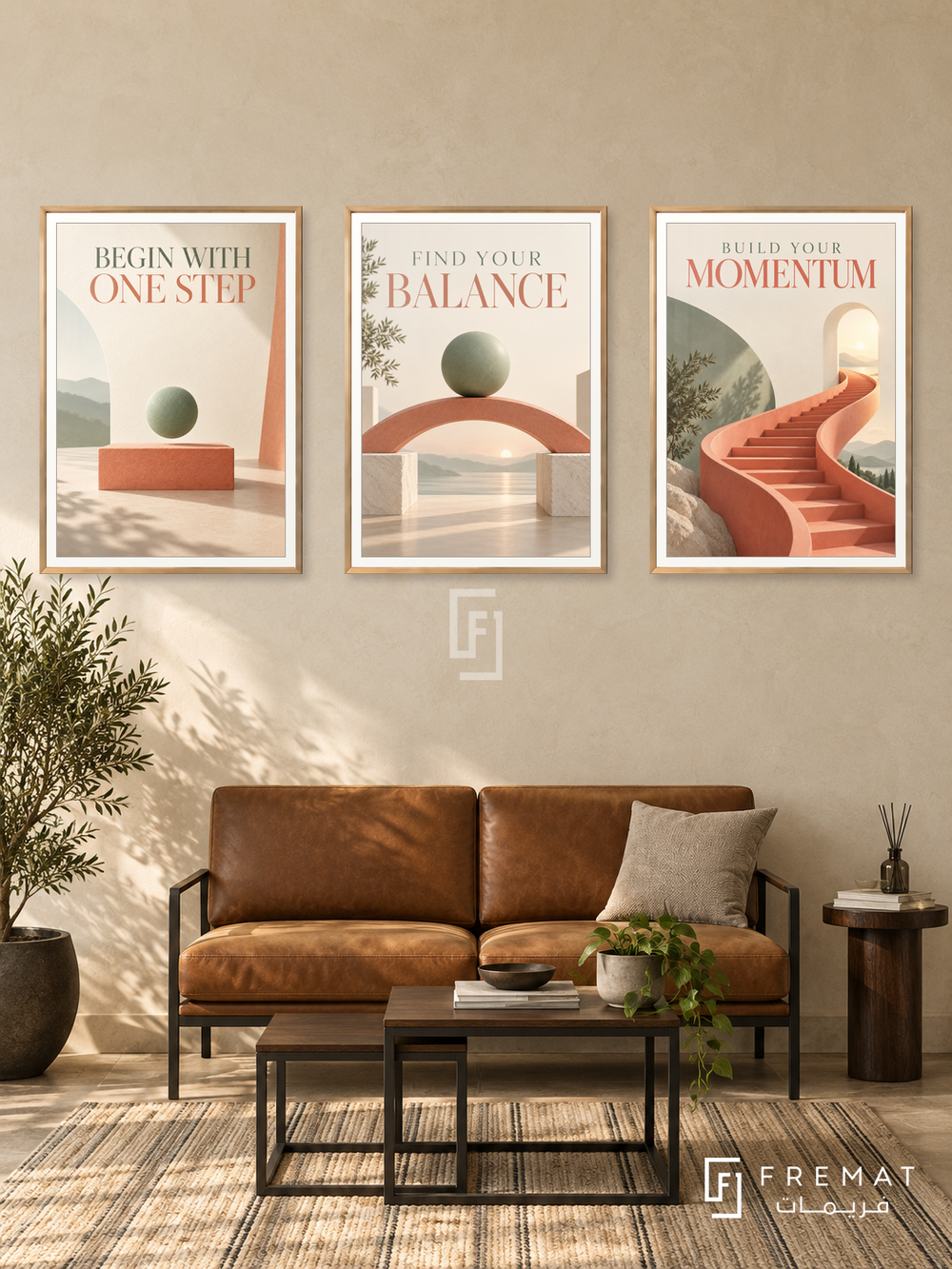 Physiotherapy — set of three complementary commercial artworks in Gold frames, shown at 50×70 cm each.