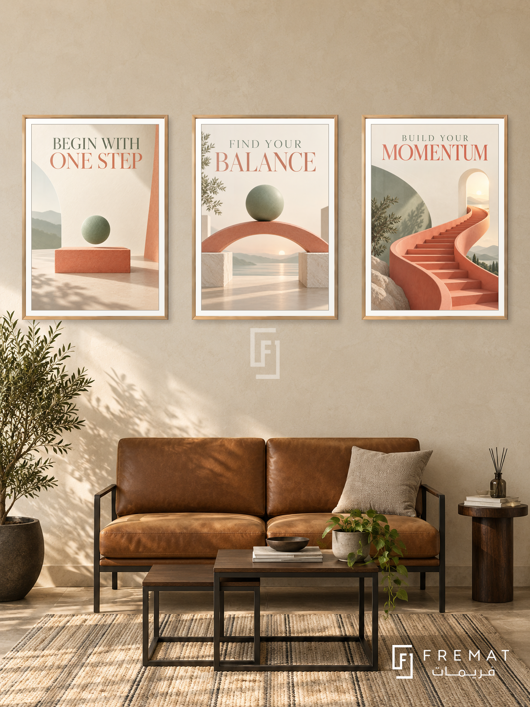 Physiotherapy — set of three complementary commercial artworks in Gold frames, shown at 50×70 cm each.